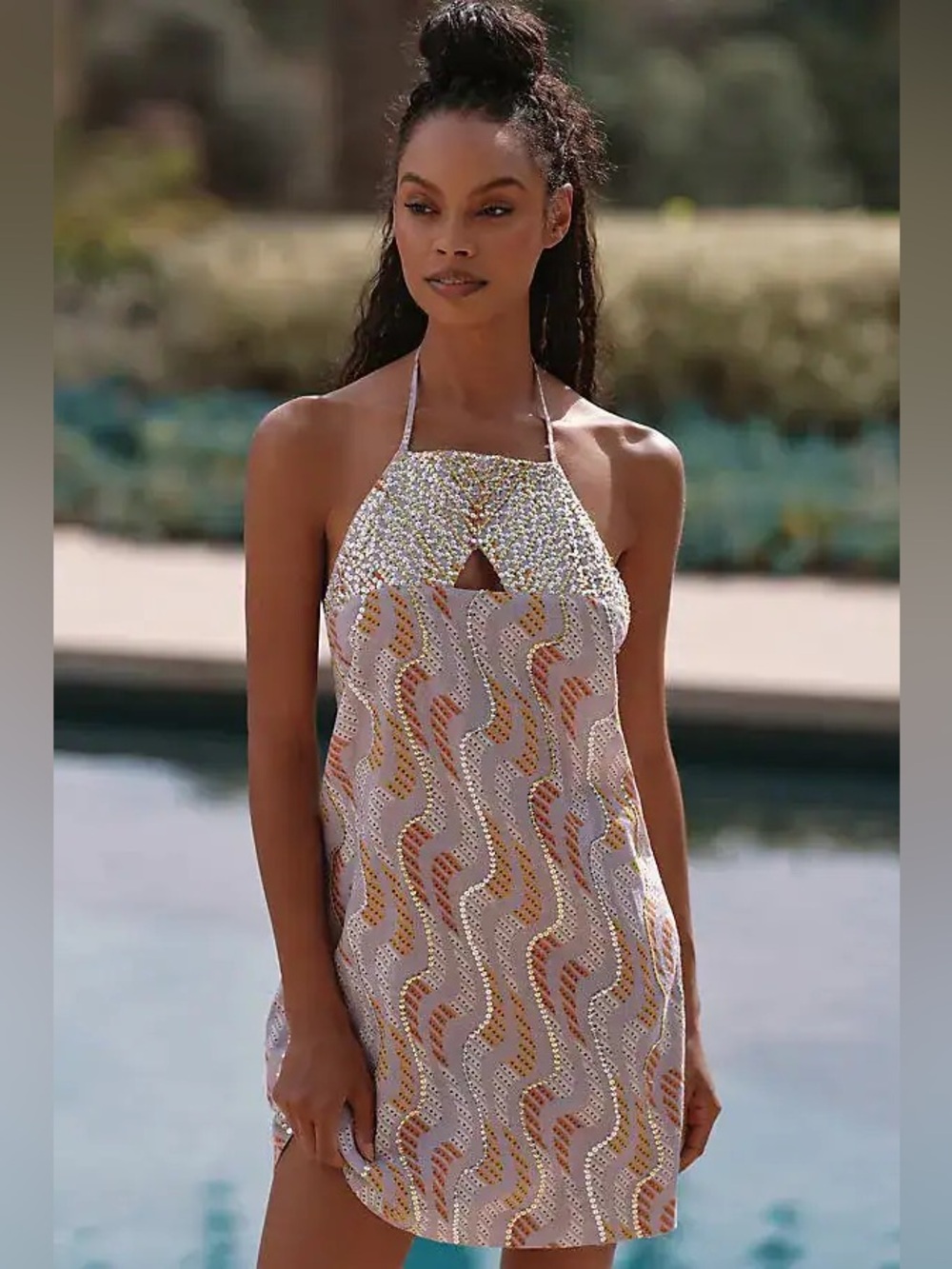 NWT Anthropologie Celandine Linen Blend Halter Sequin Mini Dress Medium